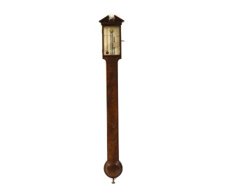 A George III mahogany stick barometer, the silvered register engraved 'Wellington Crown Court, Soho, London', over a turned r