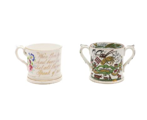 A Victorian Staffordshire pottery twin-handled mug,with transfer printed decoration of a farmer, his wife and other farmyard 