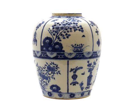 A Chinese blue and white jar,Kangxi (1662-1722), of ovoid form, painted with precious objects, butterflies and flowers in sha