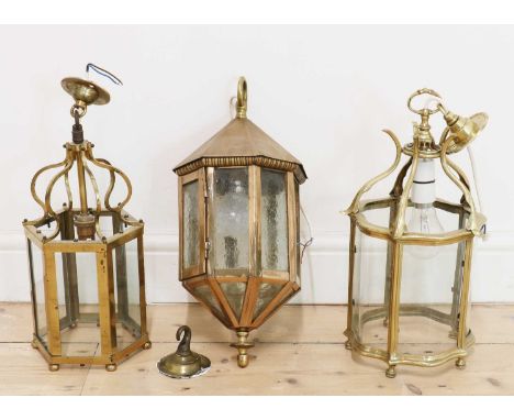 Three various small brass lanterns,20th century, the larger 22cm diameter40cm high (3)Condition ReportGeneral surface wear, s