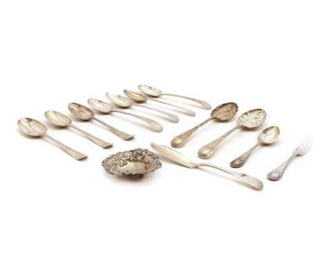 A group of silver flatware,comprising a pair of George II Hanoverian pattern tablespoons, by Elizabeth Jackson, London 1750, 