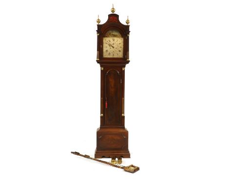 A mahogany longcase clock, with an arched silvered dial signed Thomas Aldridge, Deal, a painted pastoral scene over Roman cha