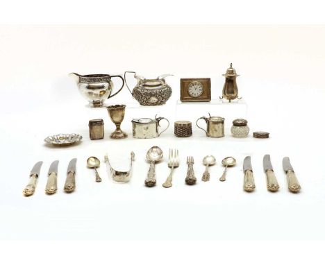 A collection of silver items,to include a cream jug, by Albert Edward Jones, a similar example, by William Aitken, a miniatur