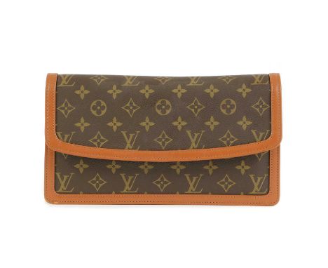 A Louis Vuitton monogrammed canvas pochette Damme,with tan leather edging, front stud closure, opening to reveal interior sli
