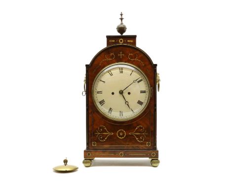 A Regency rosewood and brass inlaid 8-day bracket clock,the circular dial with Roman numerals, striking on a bell,58cm highCo