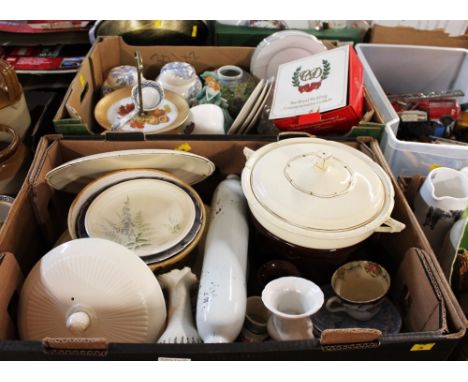 Two boxes of ginger jars, cake plates, tureens, rolling pin etc