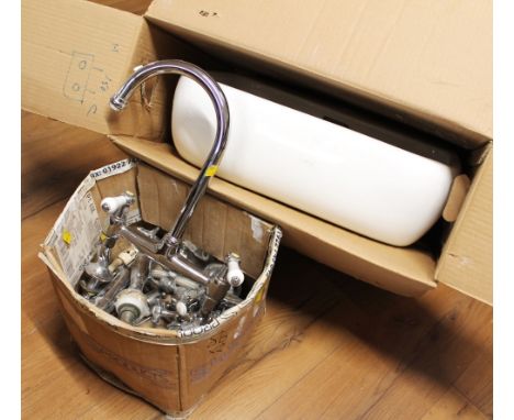 Box of mixer taps, kitchen sink mixer tap, basin taps etc and a white ceramic basin  