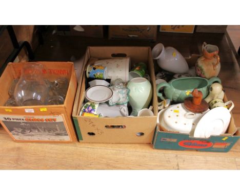 Three boxes of glassware, jugs, ceramic ornaments, vases, planters, mugs, figures etc 