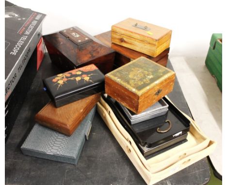 Collection of trays, 19th century tea caddy, lacquered boxes etc