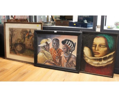 Oil on canvas of three African men in tribal outfits, portrait of a lady and an urban print   