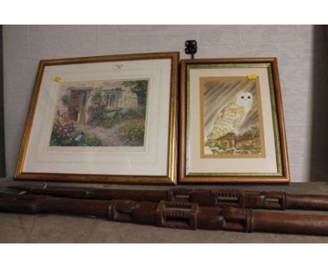 Signed limited edition cottage garden print and owl watercolour 