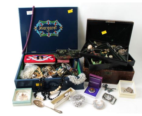 Victorian jewellery box and a painted wood box with a large quantity of costume jewellery, cameo brooch, cufflinks, badges, p