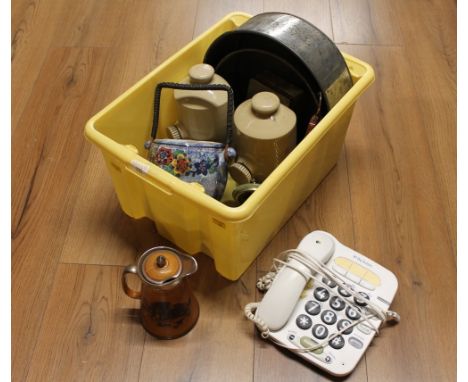 Box of metal tins, stoneware hot water bottles, big button BT telephone etc