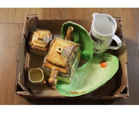 Keele Street Pottery cottage ware teapot, Carltonware leaf dishes, Lakeland cow jug
