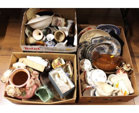 Three boxes of ceramic ornaments, vases, decorative plates, cups etc
