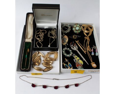 Collection of costume jewellery, 9 ct gold stick pin etc