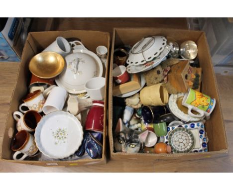 Two boxes of ceramic ornaments, cups, plates, figures etc