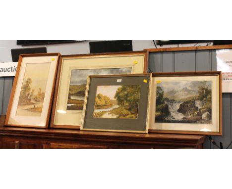 Three watercolour landscapes and print  to include local interest, Langdale Pikes in January