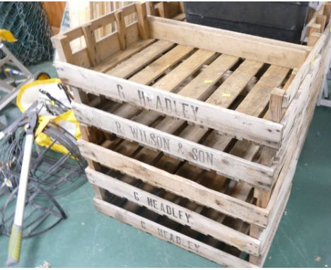 Five wooden vintage fruit trays G Headley, R Wilson and Son