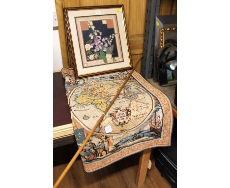 Tapestry wall hanging world map and framed needlework 