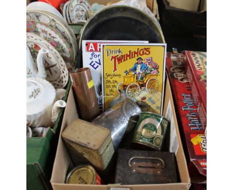 Three metal light fittings, a pop up top hat, tin storage containers and signs etc