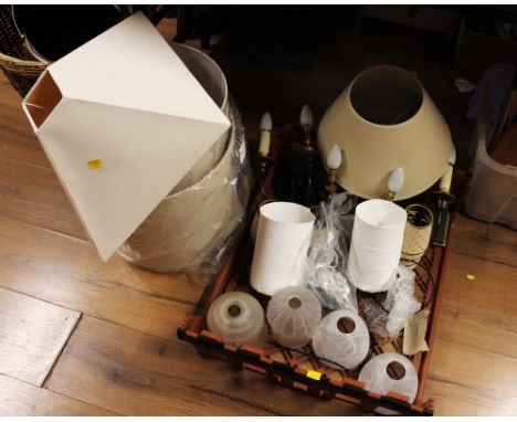 Box of wall mounted light fittings, glass lamp shades and fabric lamp shades 