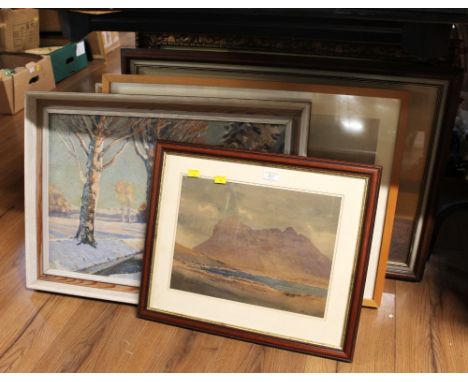 Quantity of pictures and prints to include original oil of winter woodland scene, E Greig Hall print, continental scenes, sti