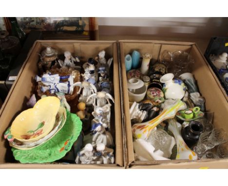 Two boxes of ornaments, Carltonware dishes, Carnival Glass bowl etc 