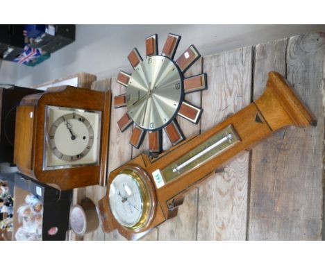 Short &amp; Mason Inlaid Barometer, Oak cased Art Deco mantle clock and later Presta branded sunburst clock(3) 