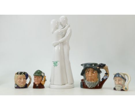 Spode Pauline Shone: figure Embrace together with miniature Royal Doulton character jugs The Sleuth, Don Quixote, Bacchus and