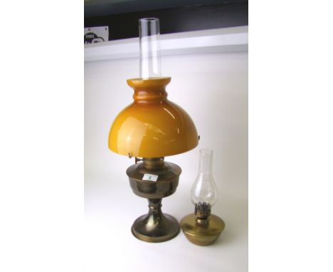 Parrafin type brass lamp with chimney and shade (2) 