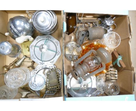 A mixed collection of items including Heatmaster type tea pot, storm lamp, carnival glass, chrome and brass ware etc (2 trays