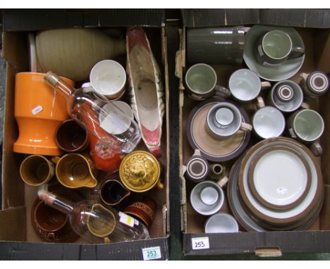 Hornsea coral part tea set: Denby mugs, bowls, plates and storage pot, Beswick cup and saucer etc. (2 trays). 