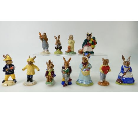Royal Doulton Bunnykins figures Clean Sweep DB6, Easter Parade DB19, Mothers Day DB115, Rainy Day DB147 (boxed), Bedtime DB10