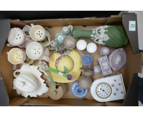 A mixed collection of pottery items to include Lilac Wedgwood jasperware items, R &amp; L parian vase embossed with fruit , P