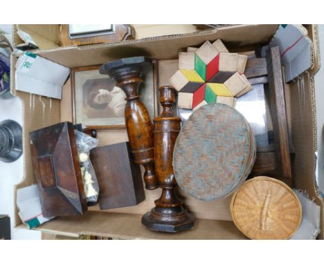 A mixed collection of items to include damaged 19th century tea caddy, chess sets, candlesticks etc 