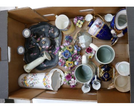 A pair of Spode Fortuna ceramic tankards: two Mintons twin handled vases ( both A/F), Aynsley Somerset vase, a pot lid etc 