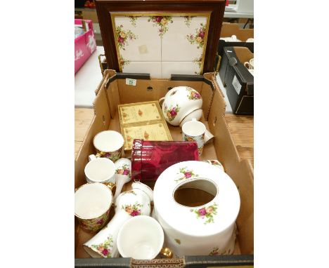 Royal Albert Old Country Rose: decorative items to include tissue holder, 4 tile tray, vases, adress books etc 
