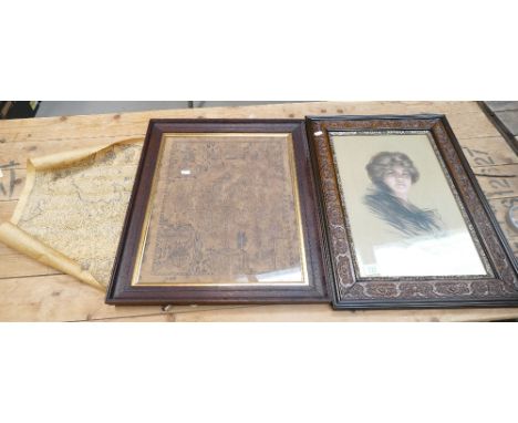 Framed Early Staffordshire Map print, similar portrait print and loose rolled map(3) 