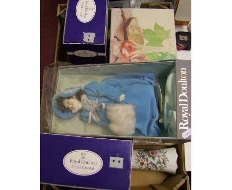 A mixed lot to include 2 boxed pairs of Royal Doulton Crystal champagne flutes, Royal Doulton doll, Continental glass sets, a