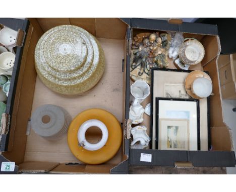 A mixed collection of items to include Art Deco ceiling lamp, 19th cetury prints, plaster tramp figure etc(2 trays) 