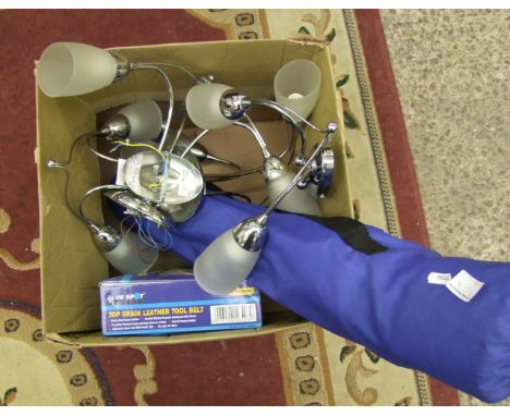 Mixed collection to include 4 chrome light fittings (2 Ceiling, 2 wall), Folding camping chair with carry and toolbelt. (6) 