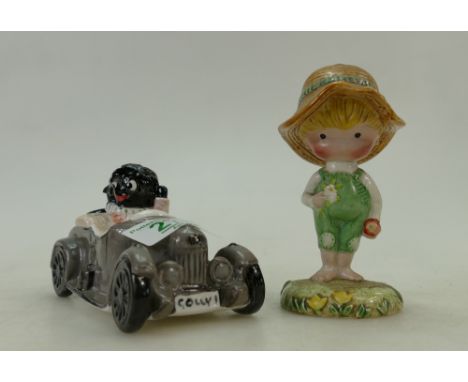 Carltonware golly in car figure: marked colour trial and Beswick figure Anglund girl (2) 