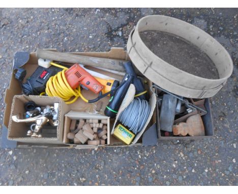 Mixed box of tools, taps, garden sieve etc