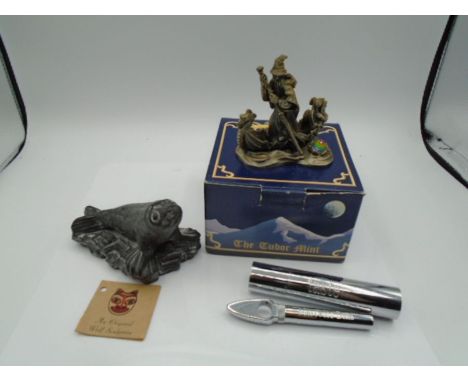 Mercedes Benz Taste compact travel corkscrew, Myth and Magic Wizard of the Lake boxed figurine plus a Wolf sculpture soapston