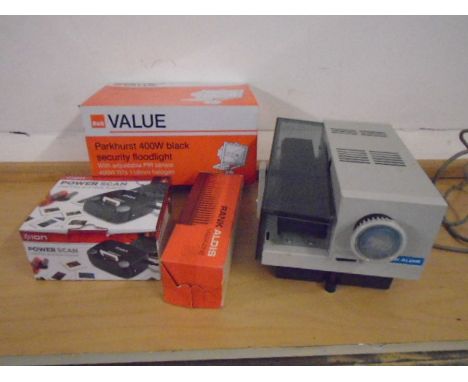 Rank Aldiss projector and magazine, power scanner and security down light