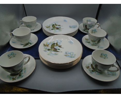 Myott ironstone ware tea set with flying duck pattern, comprising 6 cups and saucers, 6  plates and 6 side plates