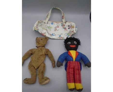 Vintage bear and golly, plus a 1950's bag 
These items are listed on the basis they are illustrative of by a gone culture in 