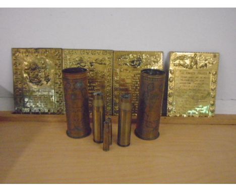 Brass engraved shell cases- souvenier of Stirling castle 1919 and souvenier of LE Sars oct 8 1916, shells and 4 brass prayer 