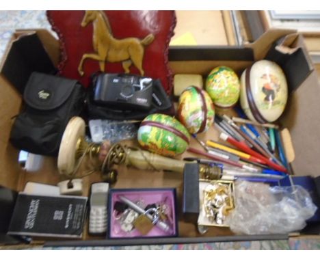 box of sundries to include painted eggs, olympus camera, aftershave, marble lamp base, cufflinks etc